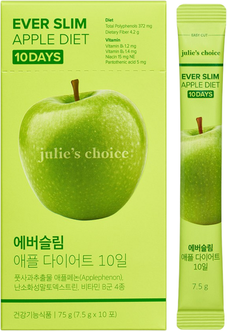줄리스초이스 에버슬림 애플 다이어트 10일 식후혈당 다이어트보조제 혈당컷 탄수화물 비타민B 식이섬유 체지방감소 사과맛다이어트, 1박스, 10회분
