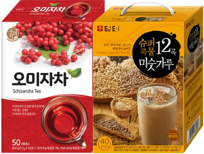 송원 오미자차 50T +담터 12곡 미숫가루 40T, 850g, 40개입