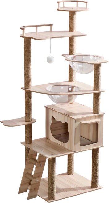 Pawprint 캣타워 고양이 스크래쳐 안정적인 원목 구조로 튼튼하고 견고함 다층 구조로 다양한 놀이와 휴식 공간 제공 대형 및 소형 고양이 모두 사용 가능 실내 인테리어에, 1개, 나무 색상