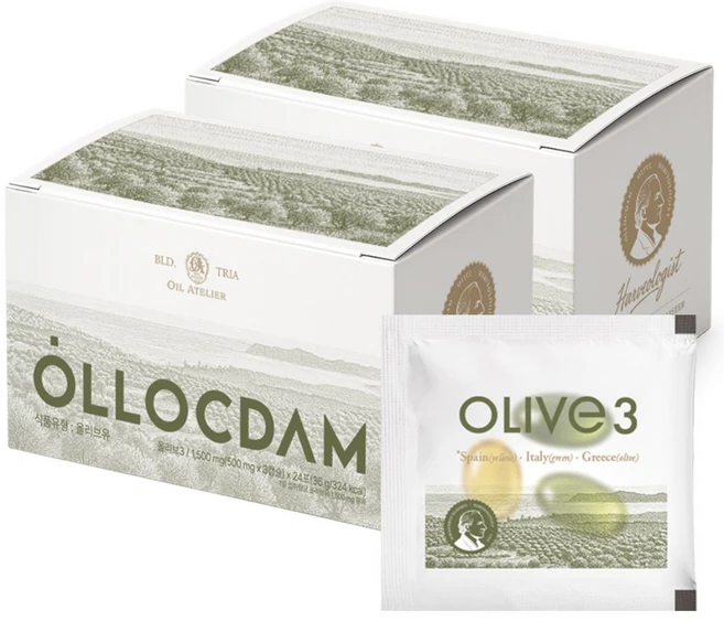 올록담 올리브3 EVOO 지중해 올리브오일 캡슐, 2박스, 72정 - 쿠팡
