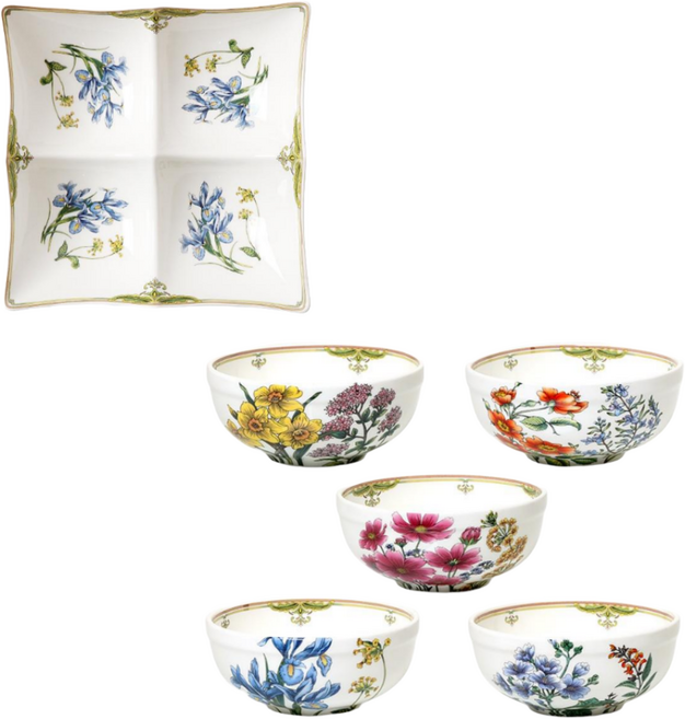 로얄에식스 버킹엄가든 면기 반찬그릇 6P세트, 1개, 화이트, 면기 5P + 사절사라 1P