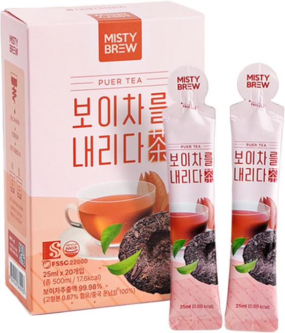 미스티브루 보이차를 내리다 국산차 액상차 스틱 건강차 40대 50대 카테킨 폴리페놀 운남성, 1개, 20개입, 25ml