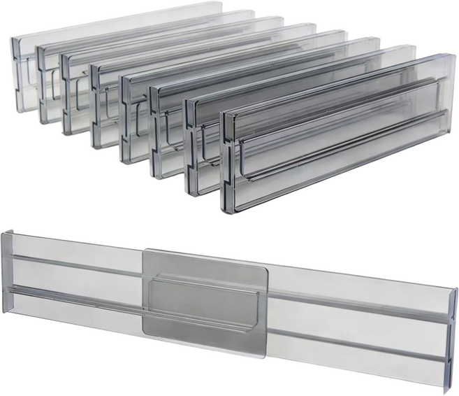 자유신축 서랍 칸막이 | 옷장 주방 수납 정리 분리대 잡동사니 정리, 2개, 투명한 회색=최소 신축28*8cm/최대 신축52*8cm