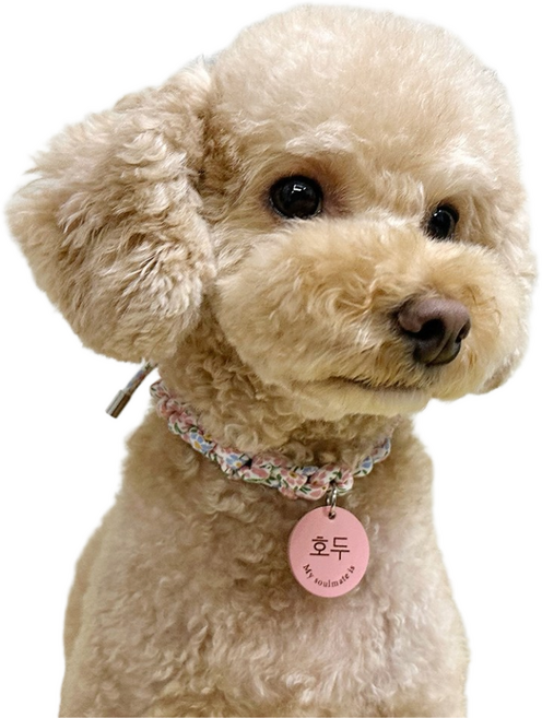 꽃페브릭빵줄 소형가죽팬던트 대형견강아지 목걸이 인식표무료각인, 1개, 찐핑크