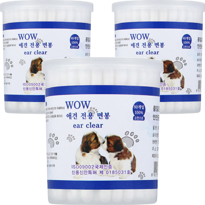 와우 애견 전용 면봉, 3개, 80개입