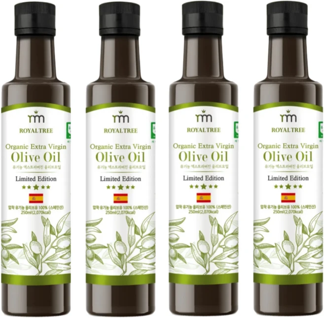로얄트리 스페인 최상급 PICUAL품종 유기농 엑스트라버진 올리브오일 냉압착, 4개, 250ml - 쿠팡