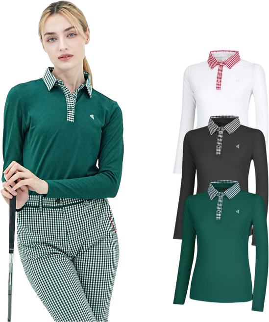 김영주 여성 봄 가을 골프웨어 체크 기능성 긴팔 에리 카라 티셔츠 스포츠 상의