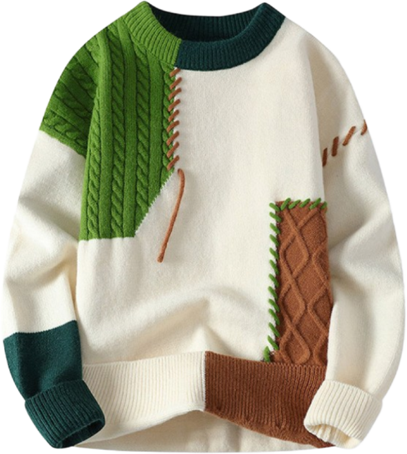 남성 꽈배기 배색 니트 스웨터 가을 겨울 유니크 패치워크 라운드넥 WI014N