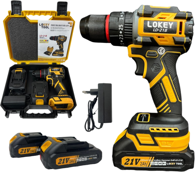 로키툴 브러시리스 충전 해머드릴 21V LD-218 배터리 2개 포함 무선 전동드릴 세트, 노랑