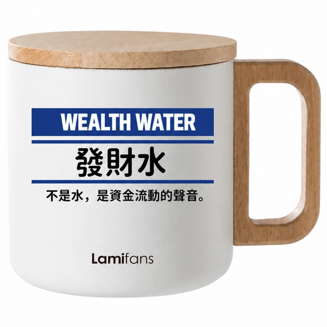 Lamifans 304不鏽鋼馬克杯, 304不鏽鋼馬克杯雙層隔熱400ml附櫸木蓋(發財水白色款), 1個