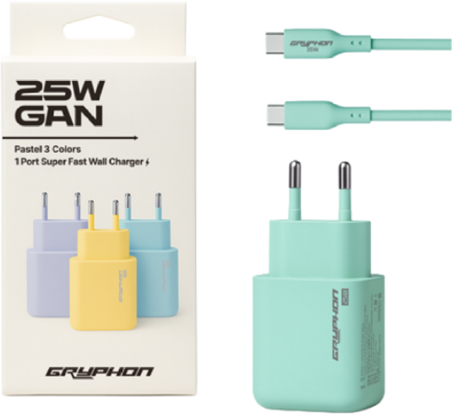 GRYPHON 25W 초고속 충전기 파스텔 3컬러 PD PPS C타입 케이블 포함, 1개, 민트