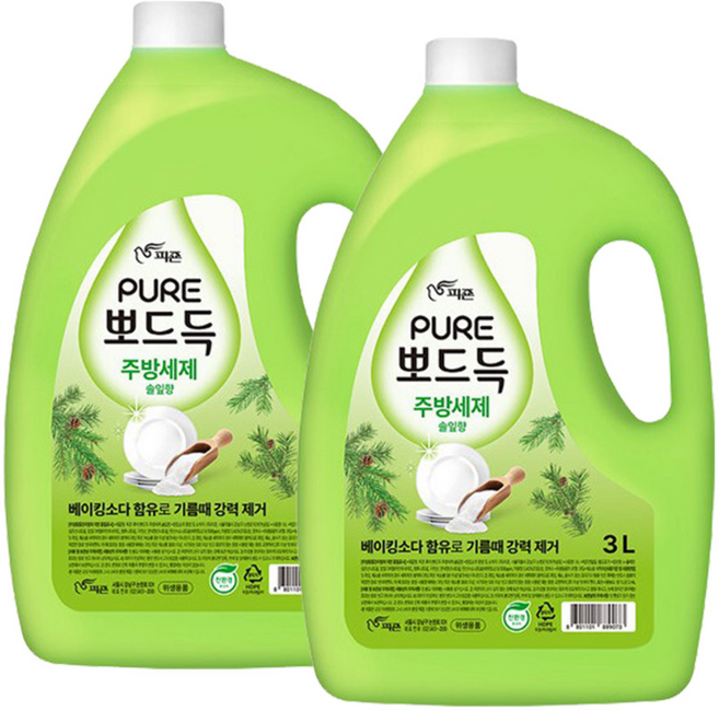 피죤퓨어 뽀드득 주방세제 솔잎향, 3L, 2개