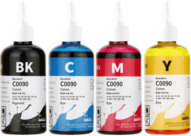 잉크테크 캐논 GI-90 GI-990 G1910 G2910 G3910 G4910 G6090 G7090 호환 무한 리필 잉크, 1세트, 4색(검정 안료+ 컬러 염료) 250ml 뾰족