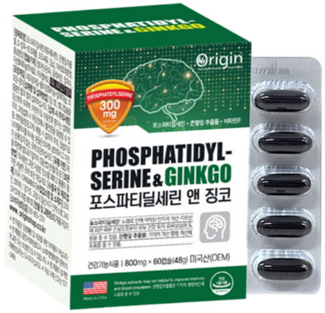 [건강기능식품] 오리진 포스파티딜세린 앤 징코 60캡슐 | 기억력 혈행 개선 | 은행잎 PS 복합 포뮬러, 10개, 60정