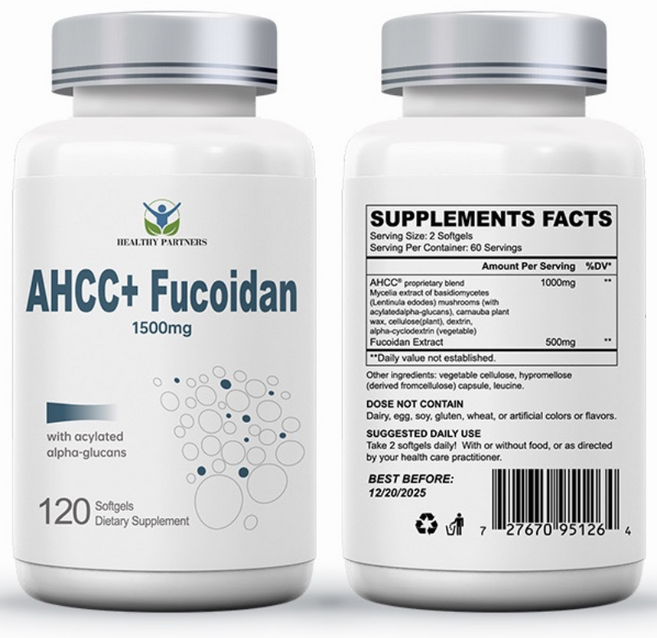 헬시파트너 AHCC 후코이단 1500mg 베타글루칸 표고버섯 균사체 알파글루칸 미역귀 무관세, 2개, 120정
