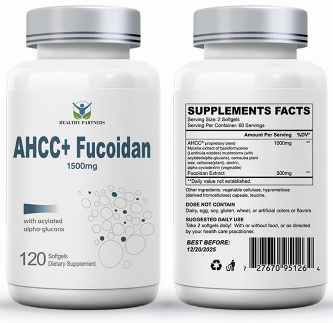 헬시파트너 AHCC 후코이단 1500mg 베타글루칸 표고버섯 균사체 알파글루칸 미역귀 무관세, 2개, 120정 - 쿠팡
