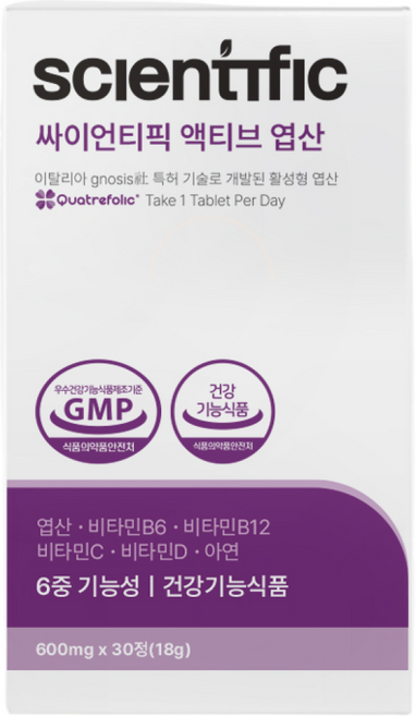 4세대 활성엽산 이노시톨 베타글루칸 비타민 일일권장량 100% 충족 임신준비영양제 싸이언티픽 액티브 엽산, 4박스, 30정