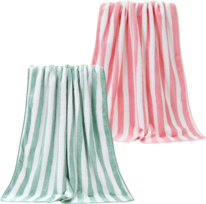 위시비아 스트라이프 대형 비치타올 2개 1세트, 라이트그린+핑크, 1개