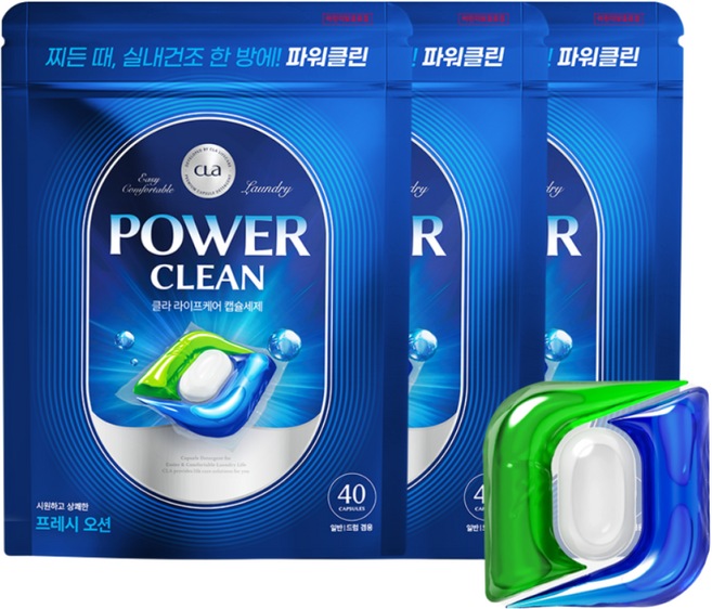 CLA 파워클린 캡슐 세탁세제 프레시오션, 40개입, 3개