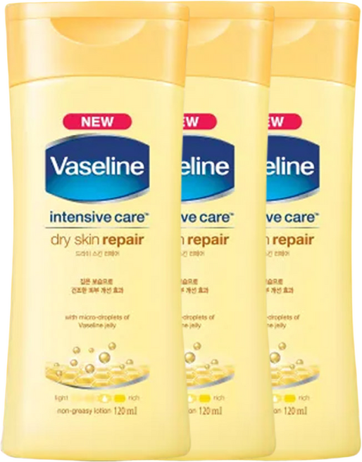 바세린 인텐시브 케어 드라이 스킨 리페어 바디로션, 120ml, 3개