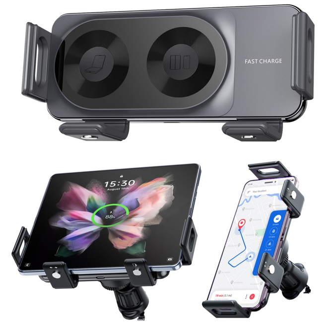 원터치 회전식 15w 듀얼코일 고속 차량용 핸드폰 무선충전 거치대 삼성 플립 폴드 갤럭시 s24 s25 무선충전기, 블랙