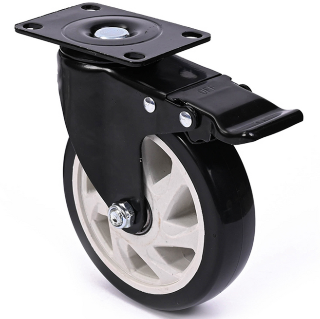 플레이트 타입 바퀴 3 4 5 인치 교체 대차 카트 가구 의자, 1개, 5인치 풋브레이크 폴리우레탄 블랙