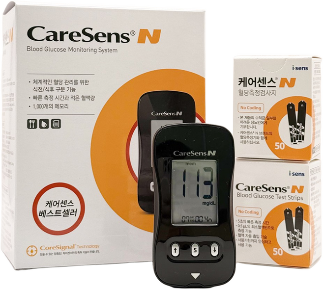 케어센스N 혈당측정기+시험지110매+채혈침110개+알콜솜100매 당뇨 당 체크기 검사기, 1세트, 1세트