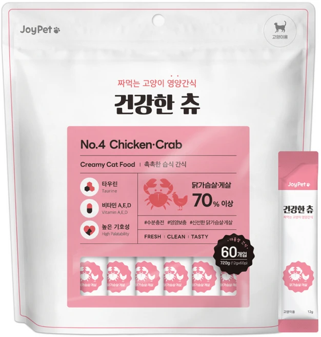 조이펫 고양이 건강한 츄 간식 60p, 혼합맛(닭가슴살/게살), 720g, 1개 - 쿠팡