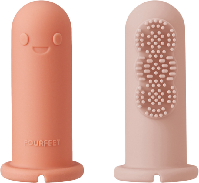 [다이노 손가락 칫솔] _ 아기와 놀면서 씻는다 아기 칫솔 신생아 칫솔 실리콘 칫솔 유아 칫솔 출산선물 귀여운 칫솔 놀이학습 인체공학 손가락 칫솔, 코랄+베이지, 1세트, 2개입