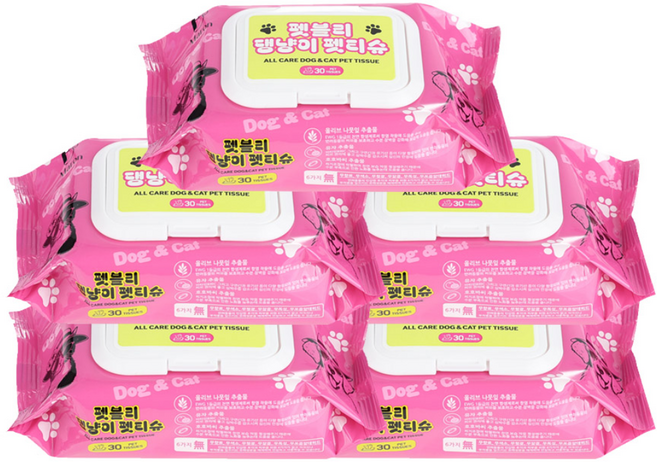 펫블리 무자극 댕냥이 펫티슈 휴대용 30매 동물의약외품, 5개, 30개입