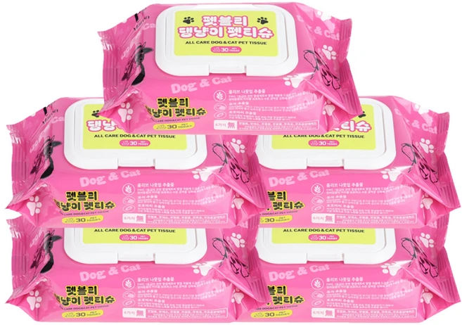 펫블리 무자극 댕냥이 펫티슈 휴대용 30매 동물의약외품, 5개, 30개입 - 쿠팡