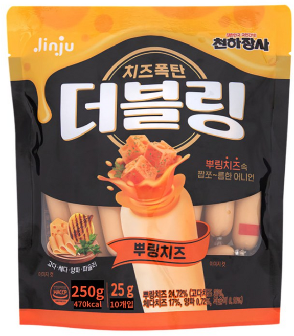 진주햄 천하장사 더블링 뿌링치즈 소시지 250g (25g x 10개입) 1봉, 1개