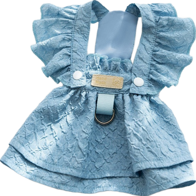 숑숑펫 애완동물 데님 프릴 원피스, 1개, 연청