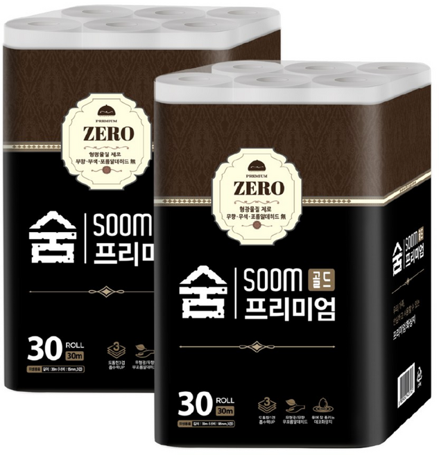 숨 프리미엄 골드제로 도톰한 3겹 무형광 화장지, 2개, 30롤, 30m