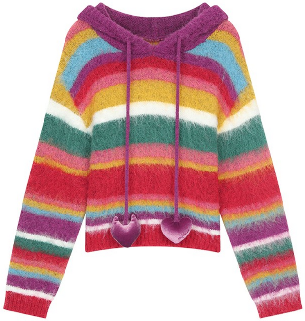 ELFSACK 여성용 무지개 줄무늬 루즈핏 니트 후드티 루즈핏 후드 니트 가을 겨울 니트웨어 캐주얼 데이트 일상 코디 핏이 여유 있습니다