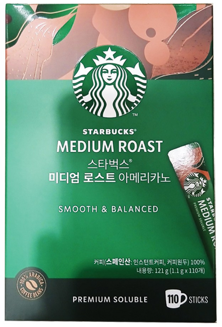 스타벅스 미디엄로스트 아메리카노 스틱 커피 1.1G X 110개 + 더메이런손소독제, 1개, 110개입