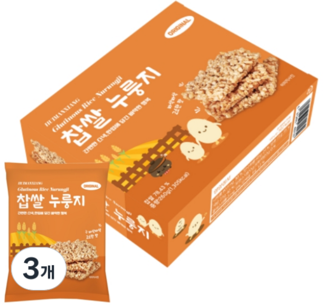 찹쌀 누룽지 오리지널 달콤 바삭 고소한 스낵 8p, 3개, 260g