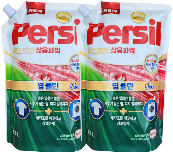 헨켈 퍼실 엑스퍼트 삶음파워 액체세탁세제 일반드럼겸용 리필, 1.5L, 2개