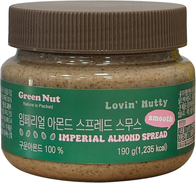그린너트 임페리얼 아몬드 스프레드 스무스 아몬드버터 100% 견과류 버터 스프레드, 1개, 190g