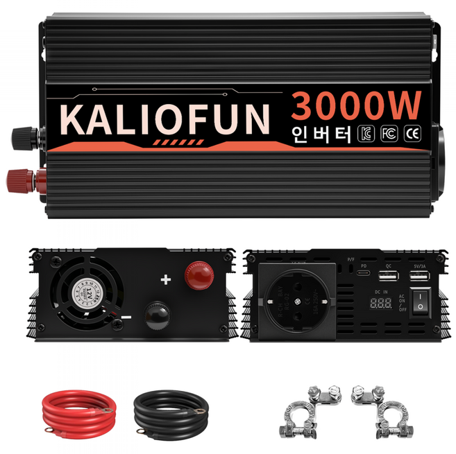 KALIOFUN 인버터 KC 인증 차량용 전력 변환기 220V 60HZ USB-C 포트, 12V 3000W 블랙, 1개