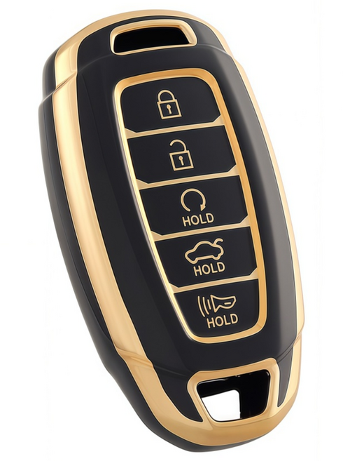 OFFCURVE 현대 스마트키 호환 아반떼CN7 그랜저 팰리세이드 스마트 키케이스 5버튼 TPU 키홀더 단품, 블랙 골드