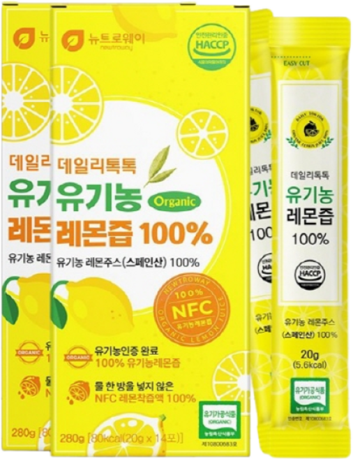 스페인산 100% 유기농인증 NFC리얼착즙 데일리톡톡 유기농레몬즙100% 14포 2통 1일1레몬 HACCP인증 SPT영양제