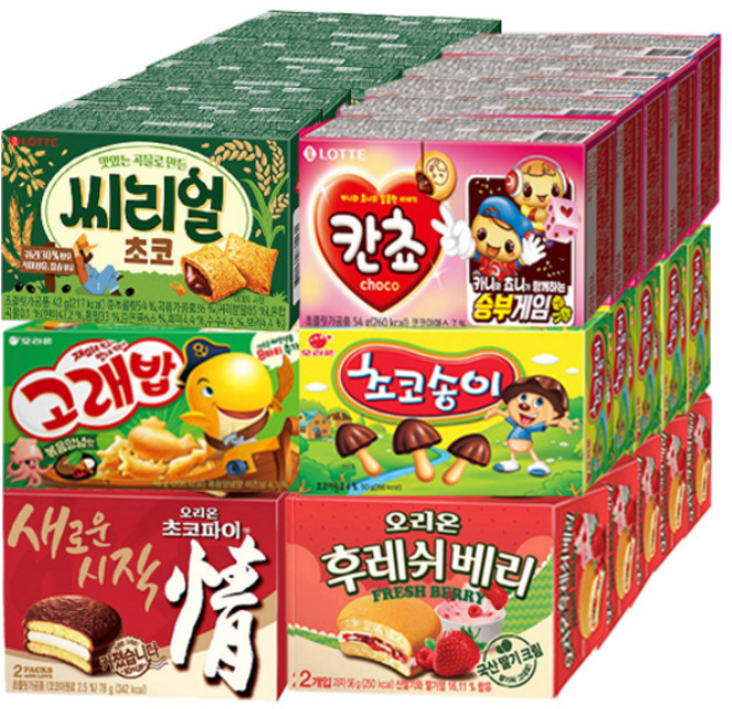 오리온 초코파이 78g+초코송이 50g+후레쉬베리 56g+고래밥 46g+칸쵸 54g+씨리얼 초코 42g 각5개 총30개, 30개, 46g