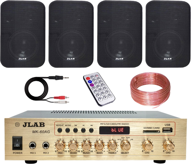 JLAB 블루투스 매장용 카페 매장 앰프 스피커 MK-60AG 4인치 블랙 4통 벽걸이 스피커 투명케이블 RCA 선