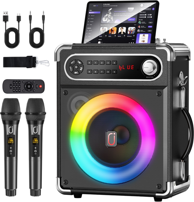 JYX 휴대용 블루투스 노래방 기계 스피커 듀얼 무선 마이크 세트 RGB 조명 사운드 믹서 S55 LED 조명이 있는 휴대용 블루투스 스피커 에코 조절 기능이 PA 시스템 TF 카, 검은색