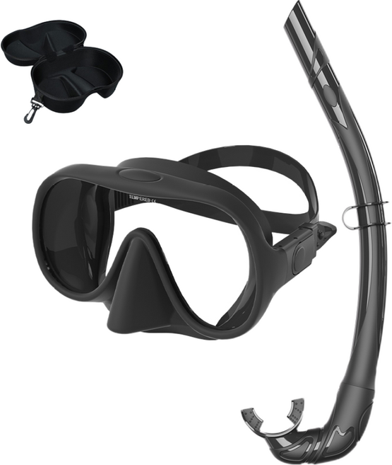 롤업 스노클 스노쿨링 장비 세트 프리다이빙 물안경 마스크 스노클링, 다크 블랙(하드케이스 포함)