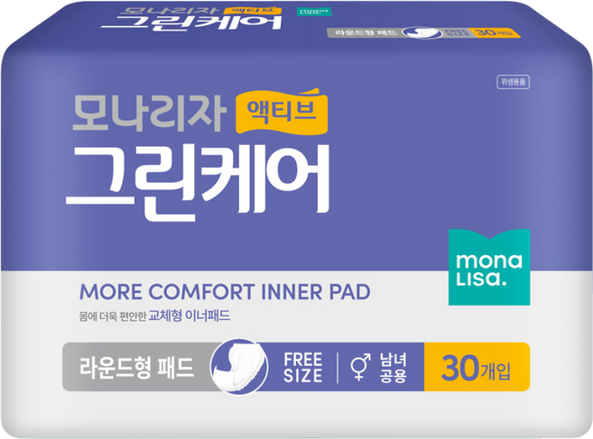 모나리자 남녀공용 액티브 그린케어 성인기저귀 라운드형패드, 30개입, 8개