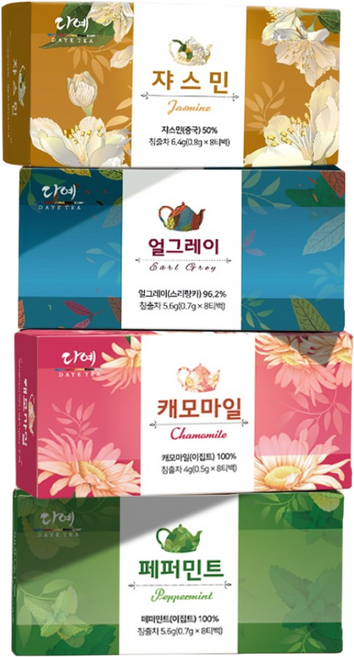 [본사직영] 다예 건강한 하루차 티타임 4종(쟈스민8T+얼그레이8T+캐모마일8T+페퍼민트8T), 15개, 32개입, 21.6g