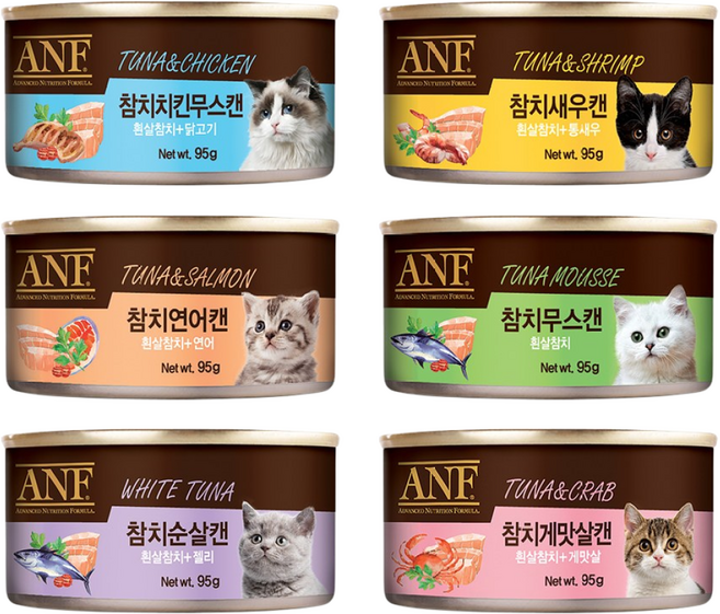 ANF 고양이 캔 간식 모음 참치 치킨 순살 새우 게맛살 무스 CAN 버라이어티 믹스, ANF 캔 고양이 간식 Mix 맛별 2개씩(G) 총, 12개