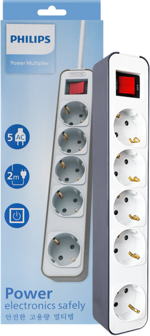 필립스 멀티탭 4000W 컬러탭 5구 과부하차단, 2m, 그레이 5구, 1개, 그레이 CHP2155GA